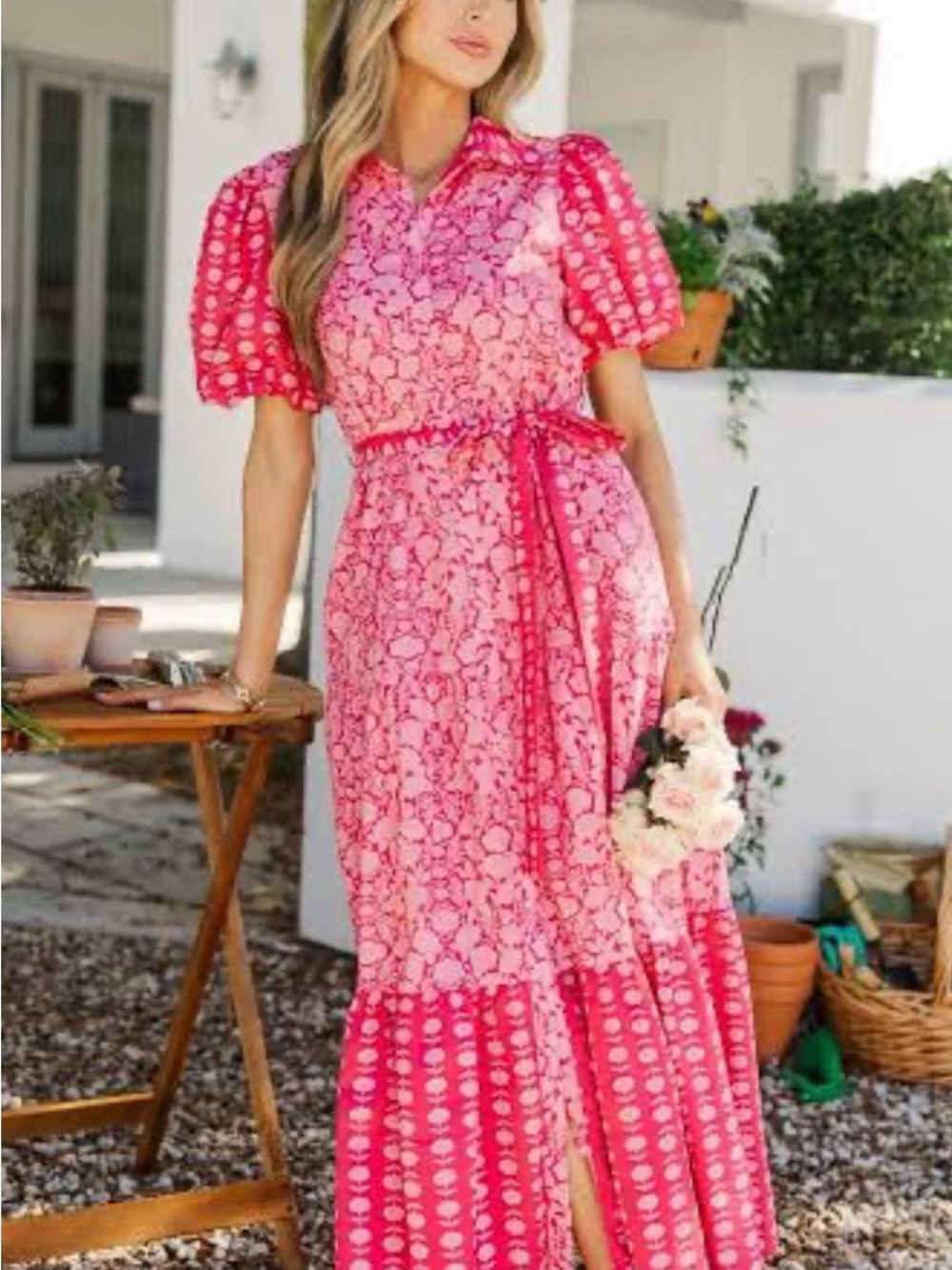 Pink Floral Tie-Waist Puff Sleeve Maxi Dress